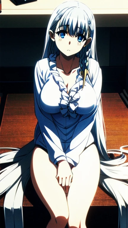 ((extremely realistic shading, masterpiece, extremely detailed, photorealistic)) <lora:xingli-10:0.9>Silver short hair, purple eyes, maid attire, white stockings