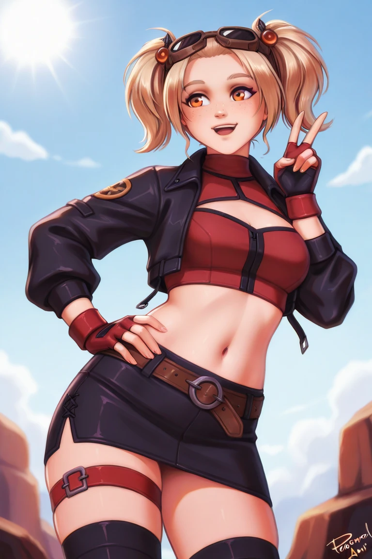 (masterpiece),(best quality),(ultra-detailed),(best illustration),(best shadow),(absurdres),(detailed background),(very aesthetic), 1girl, solo, blonde-hair, braid, boots, ahoge, shorts, gloves, fingerless-gloves, open-mouth, belt, socks, red-jacket, smile, breasts, black-socks, scarf, single-braid, reverse-grip jacket, side-braid, cleavage, medium-breasts, simple-background, kneehighs, green-eyes, looking-at-viewer, cropped-jacket, red-scarf, red-footwear, kirisame-marisa, blush, knee-boots, standing, short-hair, open-jacket, shirt, black-gloves, :d, short-shorts, short-sleeves