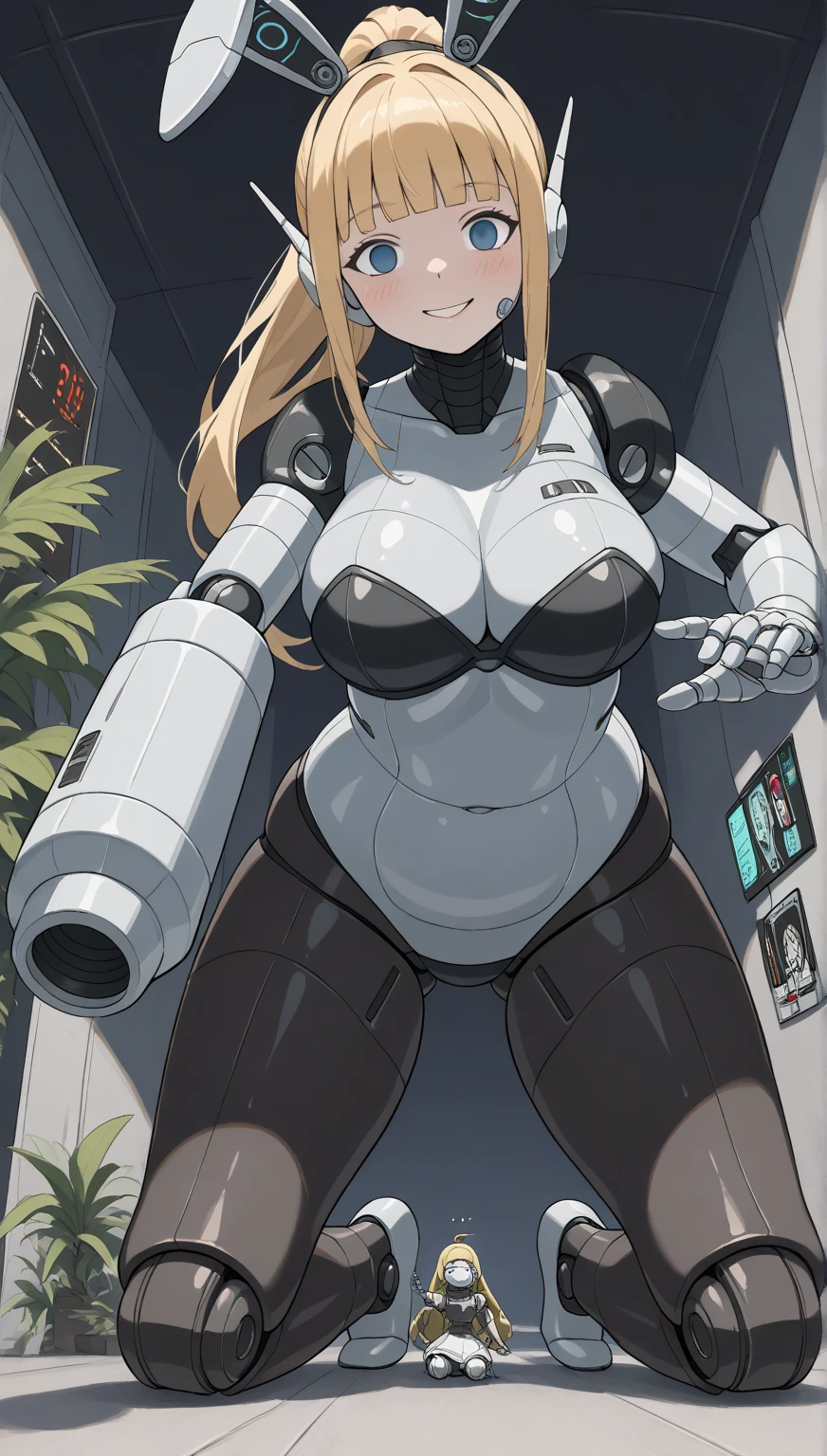 sensual, long blonde hair, thick thighs, 8K, 4K, highest quality, High resolution:1.2), cute anime face, noise reduction, shining blue eyes, gentle smile, Gentle eyes、wearing a headband, naked, toned abdominal muscles, muscular arms, muscular legs, (((exposed nipples))). , young face, anime chic eyes,  white bodysuit, white rubber suit,nun,white panties, Lock,nun,O-ring,See-through,veil,elbow bag,Mistress,collar,cuffs ,thigh strap,thigh boots, Rear view、emphasize the buttocks、Sit in the cockpit、MS cockpit、T-back that digs into your butt