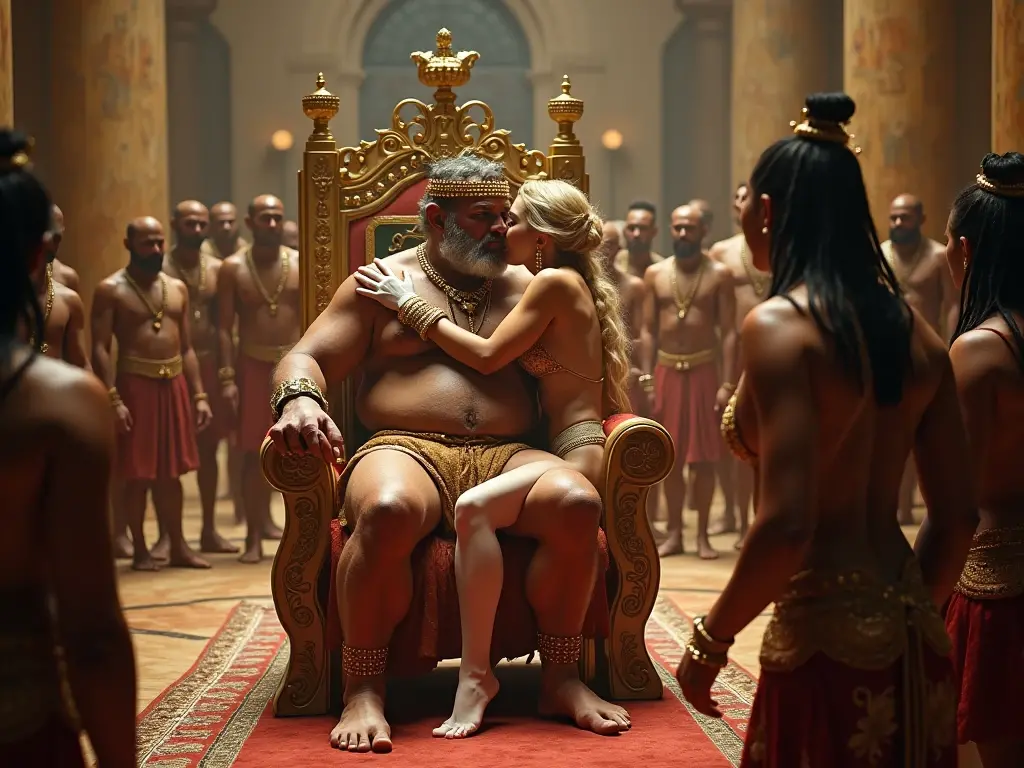 a naked overweight ancient roman senator, beautiful detailed eyes, beautiful detailed lips, extremely detailed face and body, surrounded by several prostitutes wearing only jewelry, high quality, hyper detailed, photorealistic, 8k, dramatic lighting, chiaroscuro, cinematic composition, dramatic colors, dramatic lighting, glowing skin, ornate decorations, intricate patterns, rich textures, luxurious details, lavish environment