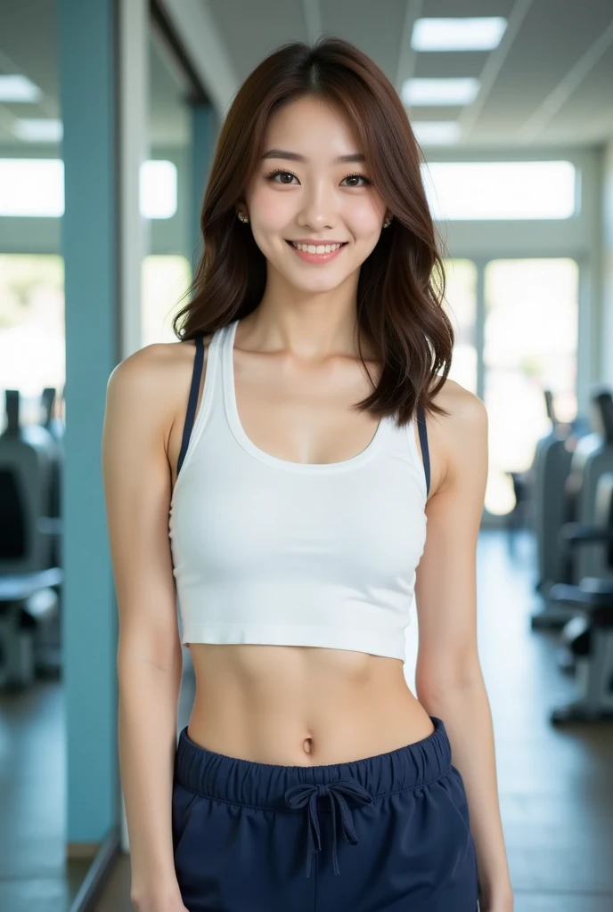 White gym clothes,Navy Blue Bloomers,24-years-old,OL,Black Hair,bangs,Straight Hair,Twin tails,Dark Eyes,Small Face,Young face,Clean eyes,Small Mouth,Showing teeth,slender,Young face,,Flat chest,Flat chest,Flat chest,Flat chest,gym,live-action,Realistic photos,8K,Smile,White teeth,Ultra HD,Standing posture,whole body,
