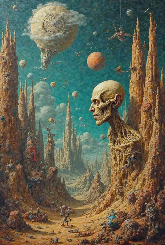 Mythical creatures, author：Zdzislaw Beksiński and Vincent Van Gogh, Album cover, romantic, Surrealism, Futuristic ,Smiling Corpse, Coral, Wizard, Abstracted, dark,  landscape