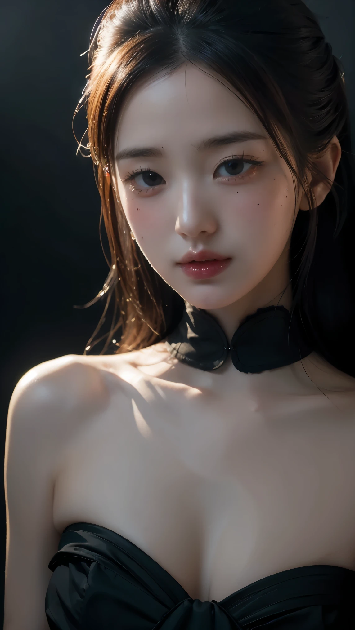 1girl, black dress, white background, elegant pose, detailed facial features, mysterious expression, cinematic lighting, dramatic shadows, high contrast, photorealistic, 8K, HDR, studio lighting, ultra-fine painting, physically-based rendering, vivid colors, muted palette, chiaroscuro