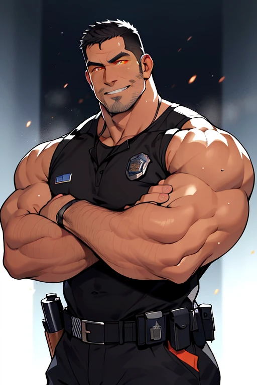 manly (dark blond) bodybuilder, muscular, determined, (wearing a police outfit), crowded city,big bulge