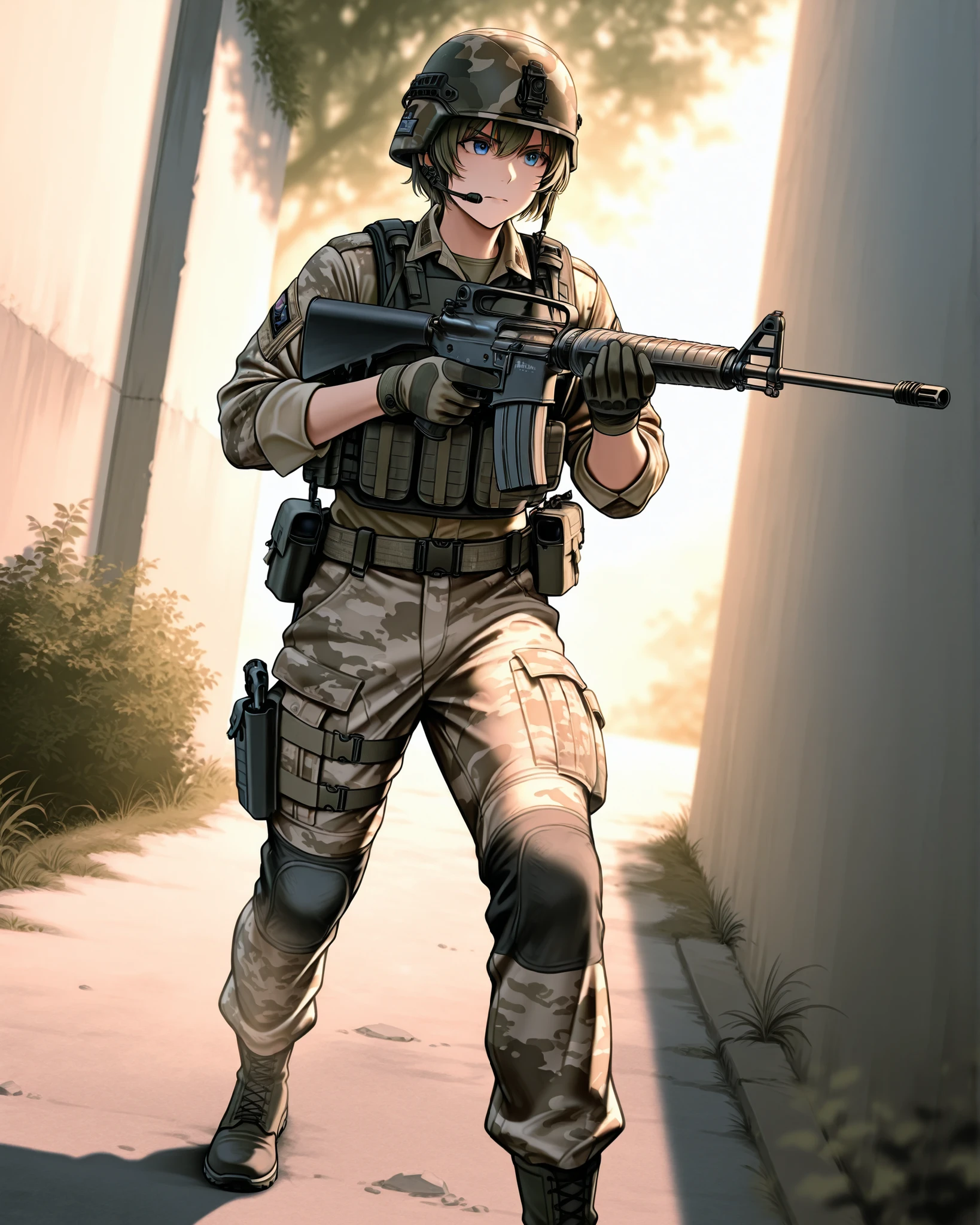 The image depicts a soldier in military gear aiming a c-m16 rifle in a focused manner. The soldier is wearing a tactical helmet and a desert camouflage uniform, including gloves and a tactical vest holding various equipment and gear. The soldier is positioned in an outdoor sandy environment, possibly an urban or training ground, with concrete barriers and some greenery visible in the background. The lighting is bright with sunlight casting soft shadows, creating a clear and intense atmosphere. The shot is taken from a straight-on angle, emphasizing the soldier's stance and the rifle, and the depth of field keeps the soldier in sharp focus while subtly blurring the background.