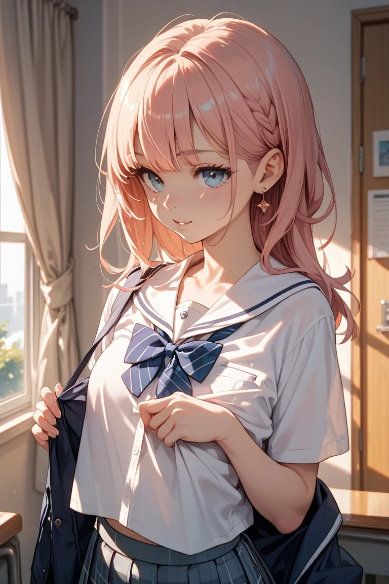 Beautiful illustration、top-quality、Cute little girl s、Bedroom、A pink-haired、length hair、(((Pink pleated skirt)))、(((pink sailor suit)))、shortsleeves、Colossal tits、a navel、Flipping up the skirt with your hands、Show white panties、Pull up your skirt and show your panties、bare-legged、blue eyess、on the beds、lovely thighs、glowing thigh