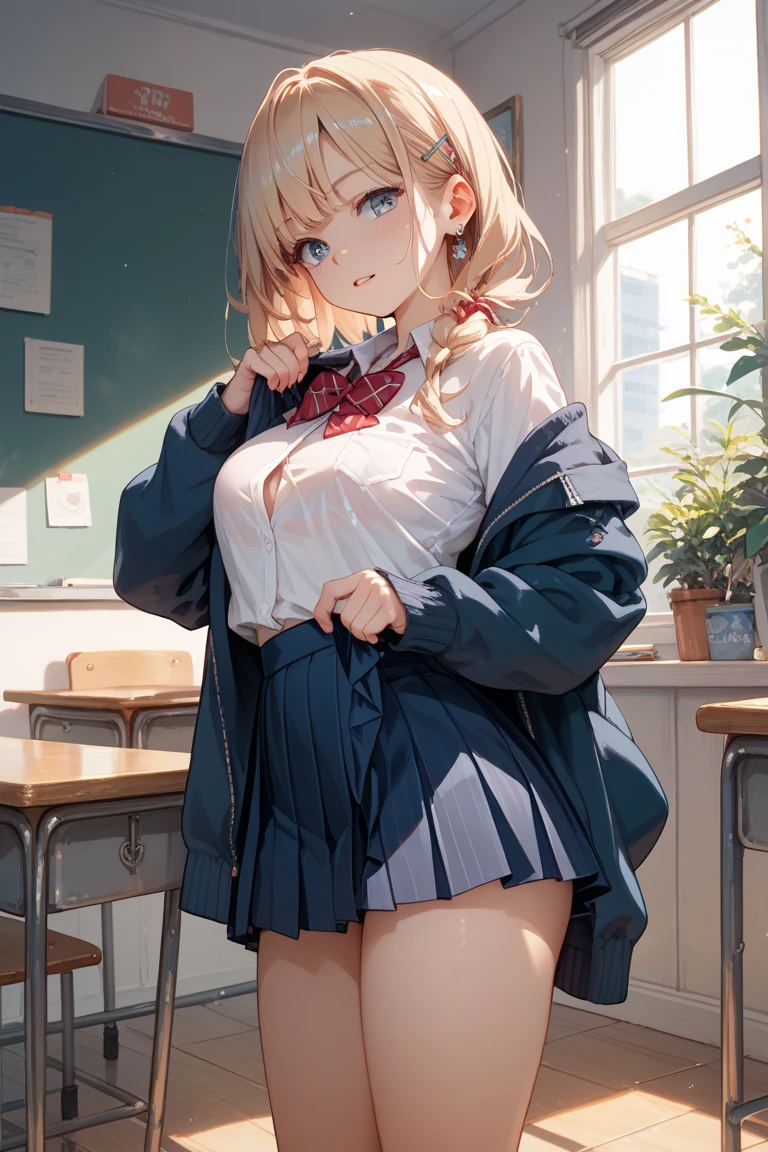 ((1 girl))、smile、small breasts、(cowboy shot)、(cardigan)、(blonde)、blush、(single braid)、(eye highlights:1.3)、blake black footwear,(黒いskirt)、bow, button, shirt with collar, long sleeve, ((red bow tie, , black jacket, open jacket, 茶色のcardigan, white shirt, 黒のskirt, チェック柄のskirt、white socks)),, shirt,, skirt, socks, thighs, white shirt, rest indoors, ((classroom:1.5))、 BREAK While watching the audience、(skirtを掴む:1.0)、 (perfect hands, perfect anatomy),cowboy shot、(skirt lift:1.3),(highly detailed white panties:1.3)、(highly detailed panties:1.3)、、(skirt that rolls up:1.3)、(fully exposed panties:1.5)、blue eyes