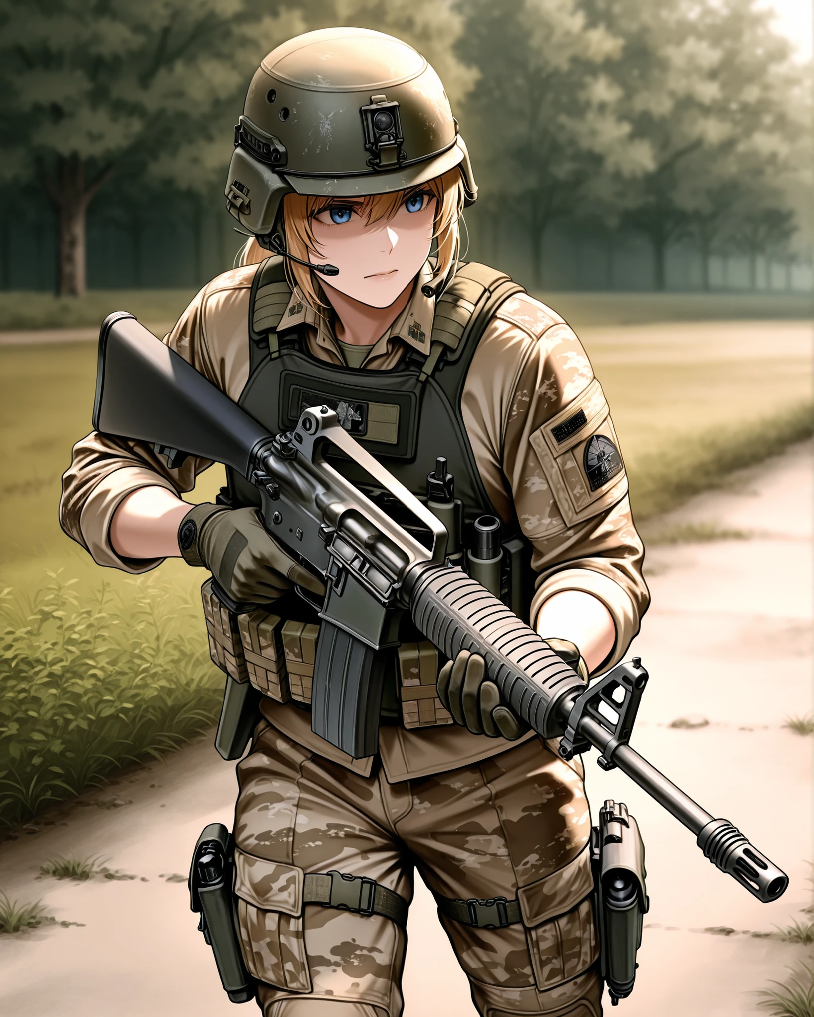 The image depicts a soldier in military gear aiming a c-m16 rifle in a focused manner. The soldier is wearing a tactical helmet and a desert camouflage uniform, including gloves and a tactical vest holding various equipment and gear. The soldier is positioned in an outdoor sandy environment, possibly an urban or training ground, with concrete barriers and some greenery visible in the background. The lighting is bright with sunlight casting soft shadows, creating a clear and intense atmosphere. The shot is taken from a straight-on angle, emphasizing the soldier's stance and the rifle, and the depth of field keeps the soldier in sharp focus while subtly blurring the background.