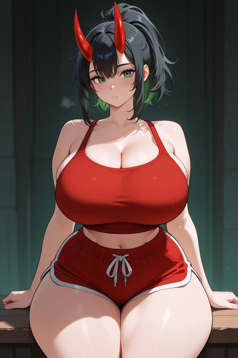 anime girl in red top and black shorts posing for camera, OPPAI, Thicc, Proporciones OPPAI, pechos grandes!, pechos grandes!!, SFW pechos enormes, biomechanical oppai, con unos pechos grandes, Aspecto pesado, pechos grandes, [ Arte digital 4K ]!!, Detalles pesados, con senos grandes, Furthermore, seductora chica de anime, Anime CG arte suave