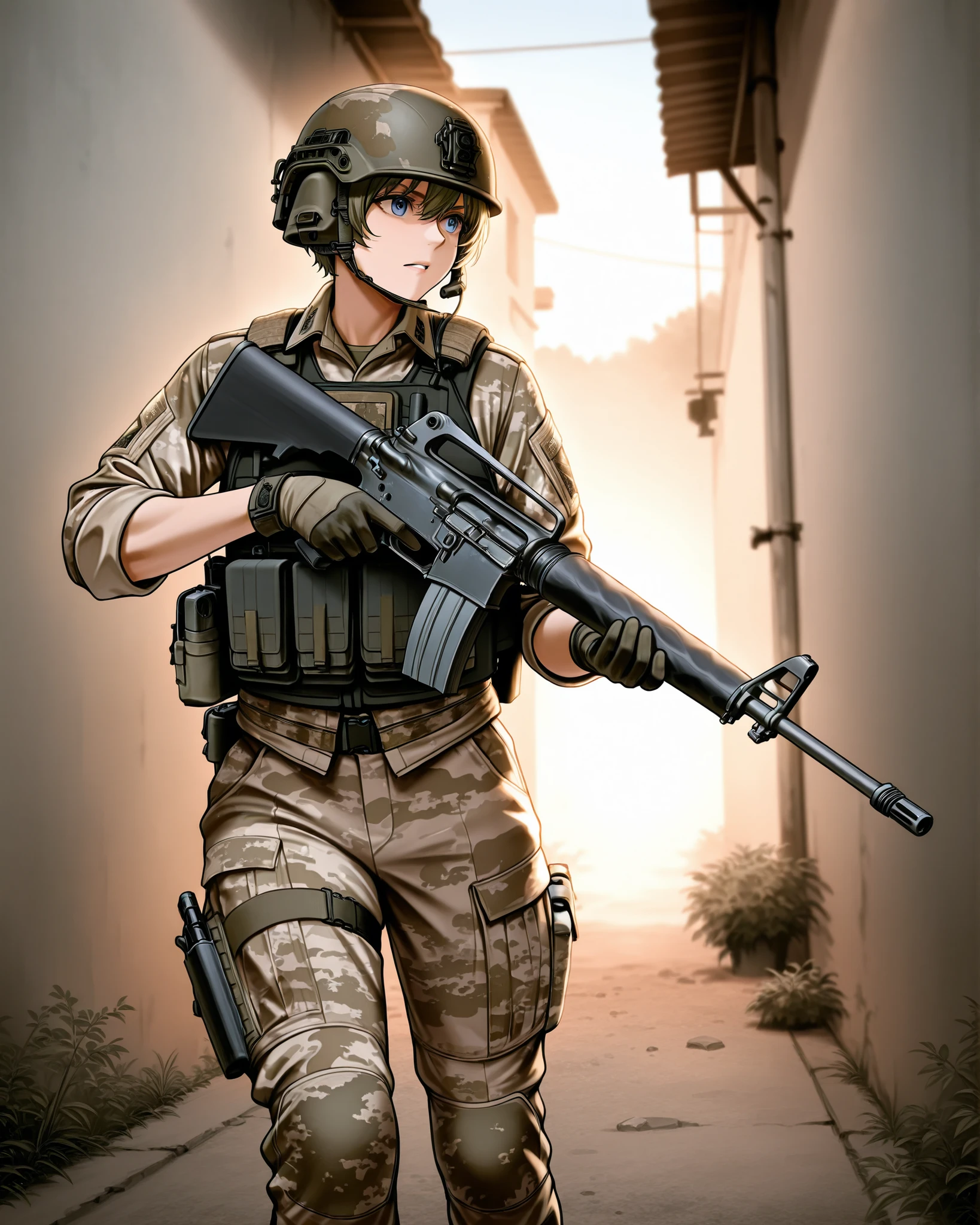 The image depicts a soldier in military gear aiming a c-m16 rifle in a focused manner. The soldier is wearing a tactical helmet and a desert camouflage uniform, including gloves and a tactical vest holding various equipment and gear. The soldier is positioned in an outdoor sandy environment, possibly an urban or training ground, with concrete barriers and some greenery visible in the background. The lighting is bright with sunlight casting soft shadows, creating a clear and intense atmosphere. The shot is taken from a straight-on angle, emphasizing the soldier's stance and the rifle, and the depth of field keeps the soldier in sharp focus while subtly blurring the background.
