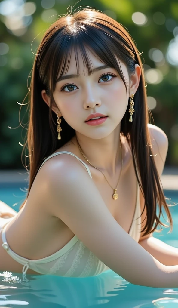 ((((upper body shot)))),((((nude)))),((((nipples)))),(((sagging breasts))),Ultra-high resolution,big eyes,Japanese,(a girl),(1 girl),((baby face)),((lolita)),((12 years old)),((cute)),pretty,earring,((facing at viewer)),necklace,((twintail)),(gold hair accessories),(((gold body lace))),(((ocean))),tanktop