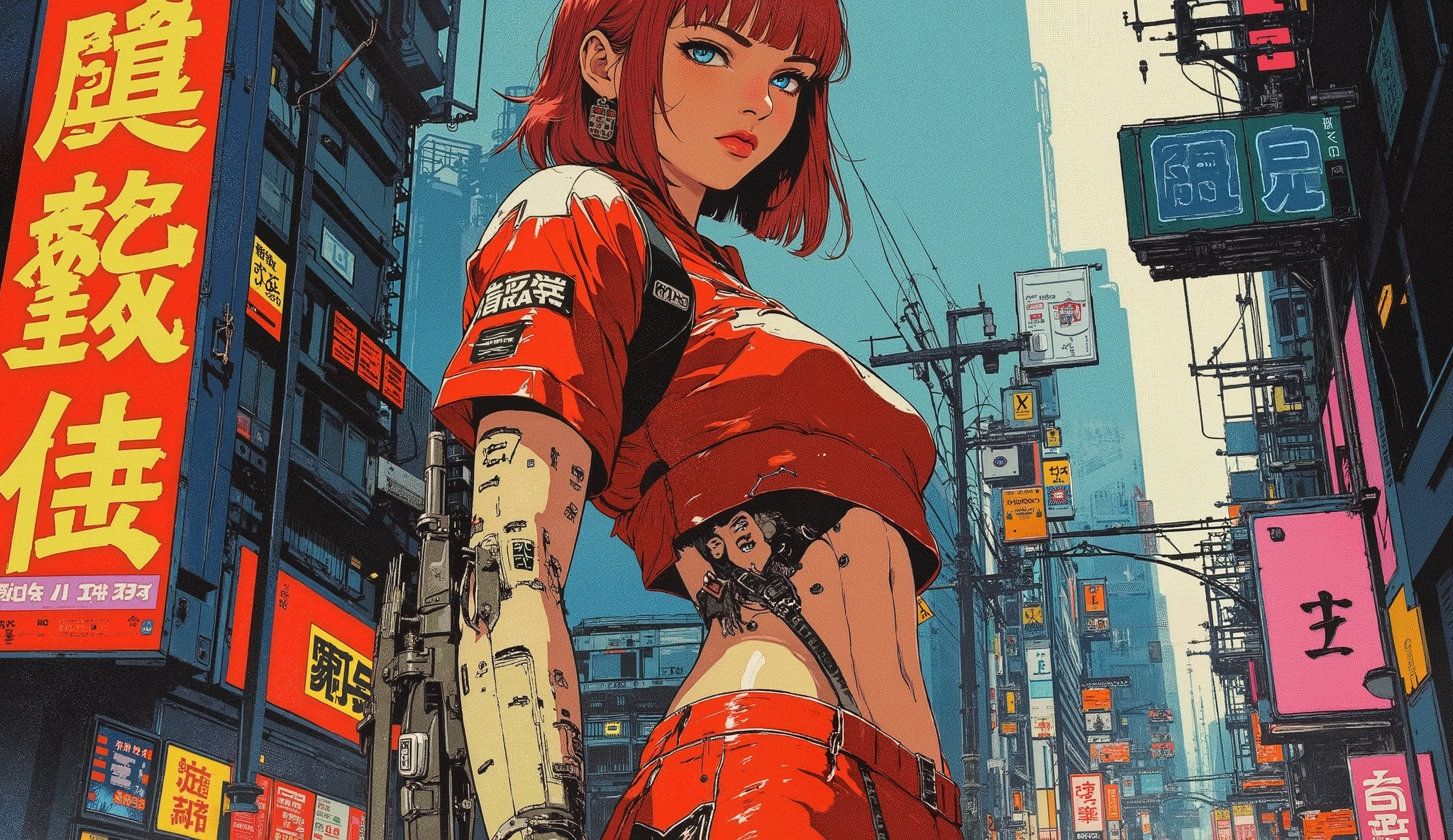 ((masterpiece, the highest quality; 1.3)), Super quality, beautiful detail, Súper detallado, extra fine , 16K, exquisite, absurd, high resolution jockstrap, beautiful background, detailed background, a beautiful cyberpunk girl, 23 years old, beautiful eyes, beautiful skin, anime style, dirtypairyuri, Dirty Pair Yuri con un atuendo blanco tiny, ( short hair and red ), blue eyes, earrings, distressed pale red uniform, scarf , pale yellow crop top, Cutout, sin mangas, with tight clothing , tiny, ( breasts: 1.2), neckline, neckline, oblique, toned arms, slim waist, ((wide hips)), shaped thighs, (thigh space), showing her stomach, (thin body), wide hips, Cyberpunk city background , holding a retro space gun