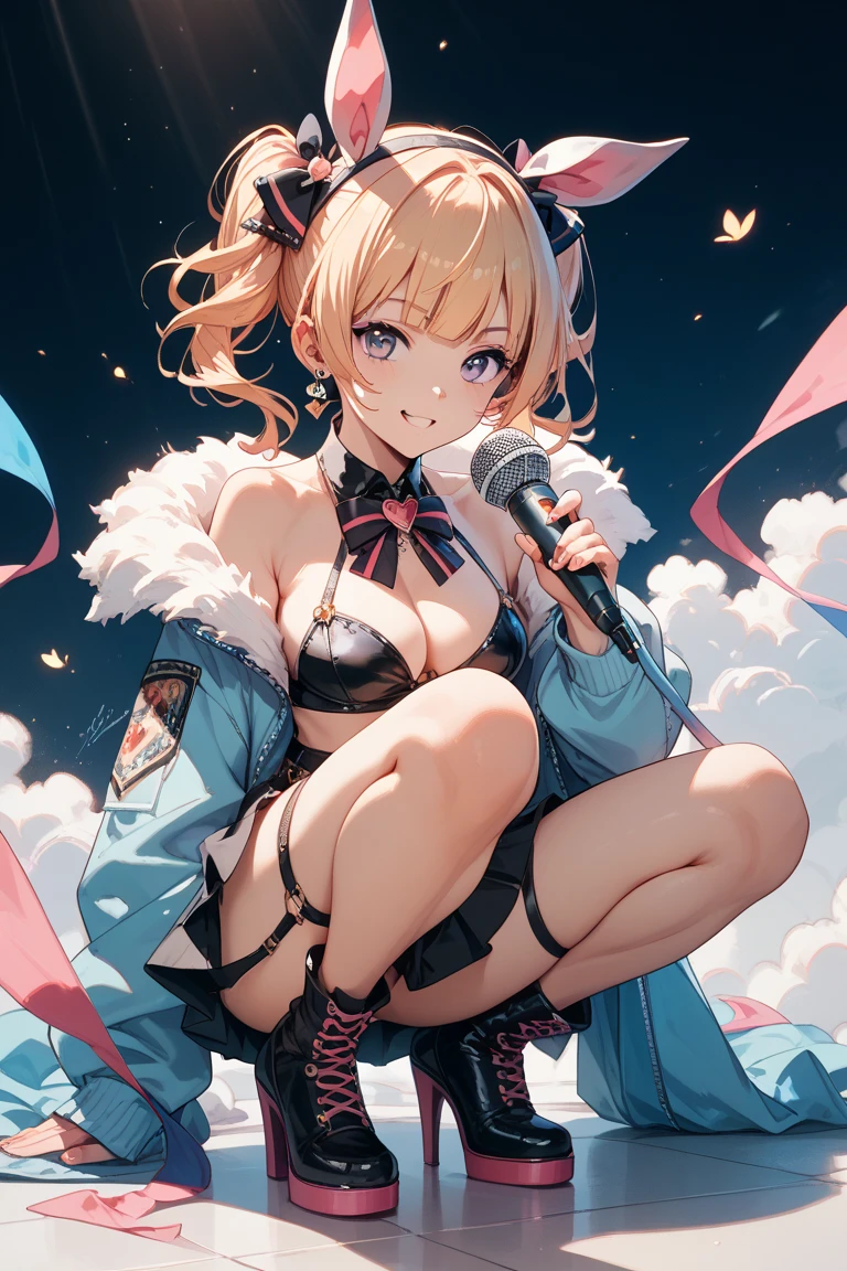 (masterpiece, solo:1.2), (very aesthetic:1.2), (absurdres:1.2), (detailed background),newest,ai-generated, (cowboy shot from below, 8K, best quality:1.4), ( attractive girl, squatting and spreading thighs, against the spotlight, looking down, anime style kawaii natural face:1.5), (racy fantasy idol uniform, large underboob, super micro thong on mini pleated skirt, showing crotck peek:1.3), white glowing skin, (droopy eyes with eyelashes, double eyelid, tempting smile with blush, open small mouth:1.2), (deep colored medium hair:1.3), huge breasts