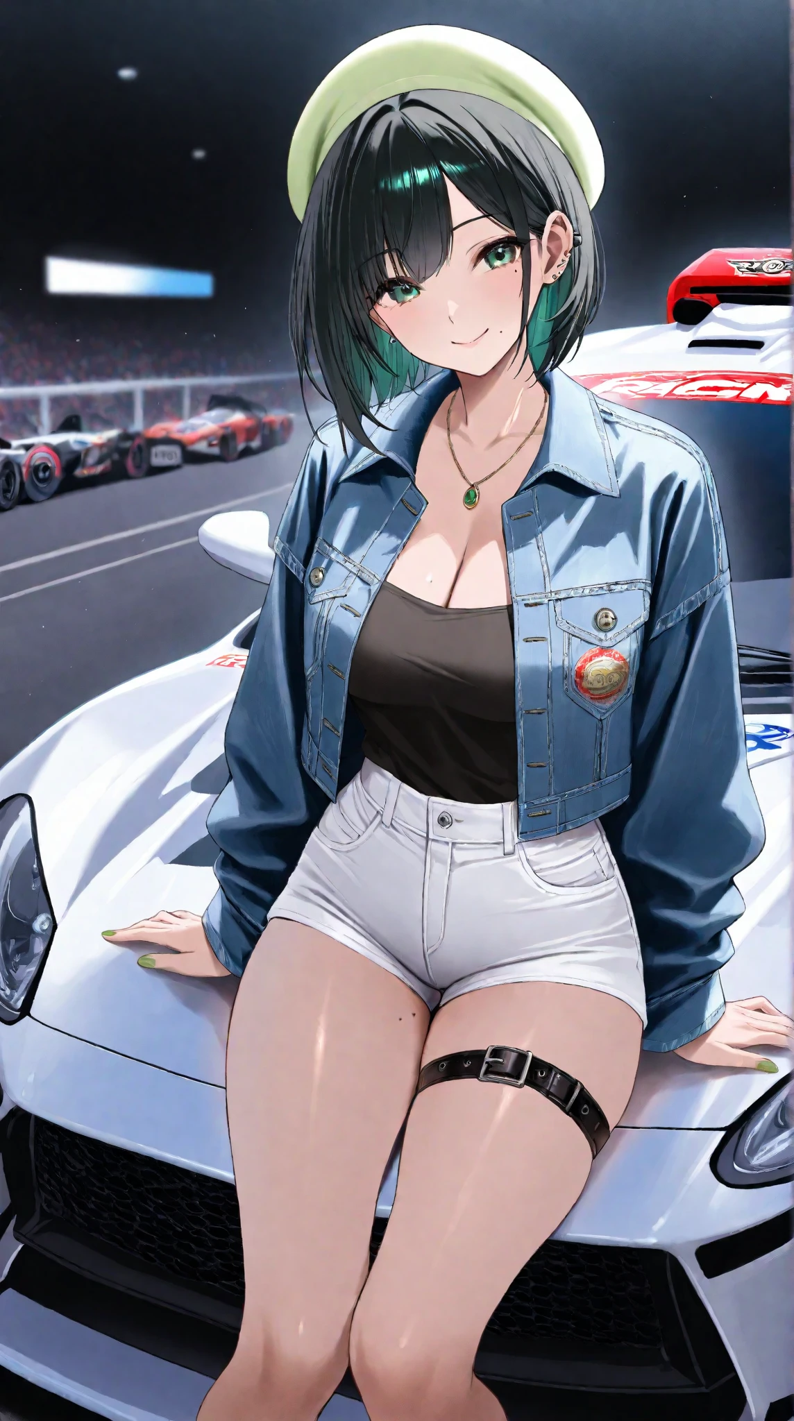 (Masterpiece,), Best Quality, ultra-detailed, perfect hands, perfect legs, Delicate eye expression, delicate face expression., 1girl (rinko_iori, Slender and sexy body, huge breasts, wide hips, naked body, dark blue hair, long hair, blue eyes ),closed mouth(wicked smile), a come-hither look, red lipstick, solo, sleeveless shirt, grey shirt, detached sleeves, necktie, arm tattoo, skirt,skirt lift, thighhighs, thigh boots,, at a car racetrack , standing,Sexy waist teasing, a provocative pose , Skirt lift