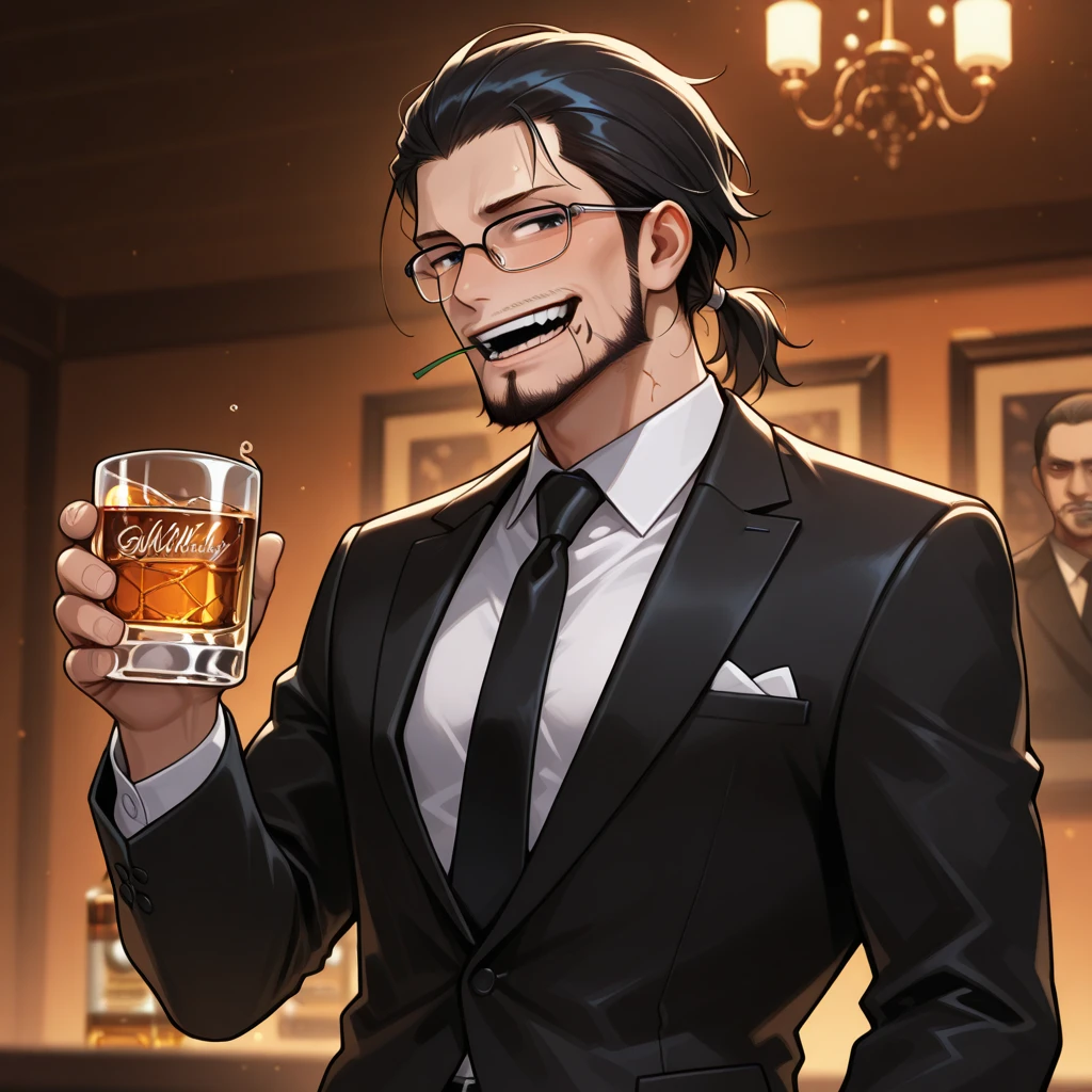 <lora:Anime_Enhancer_XL:0.7> <lora:ikari gendo:0.9> ,solo,looking at viewer,smile,short hair,brown hair,shirt,gloves,long sleeves,1boy,holding,jacket,brown eyes,upper body,male focus,open clothes,glasses,indoors,white gloves,grin,cup,facial hair,bottle,red shirt,holding cup,beard,alcohol,holding bottle,drunk,tinted eyewear,beer,sake bottle,bar (place),orange-tinted eyewear,whiskey