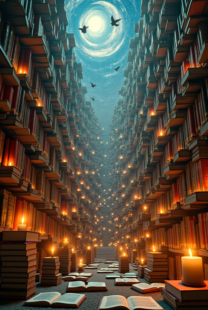 Surrealism-style image of an endless library where books fly like birds ...