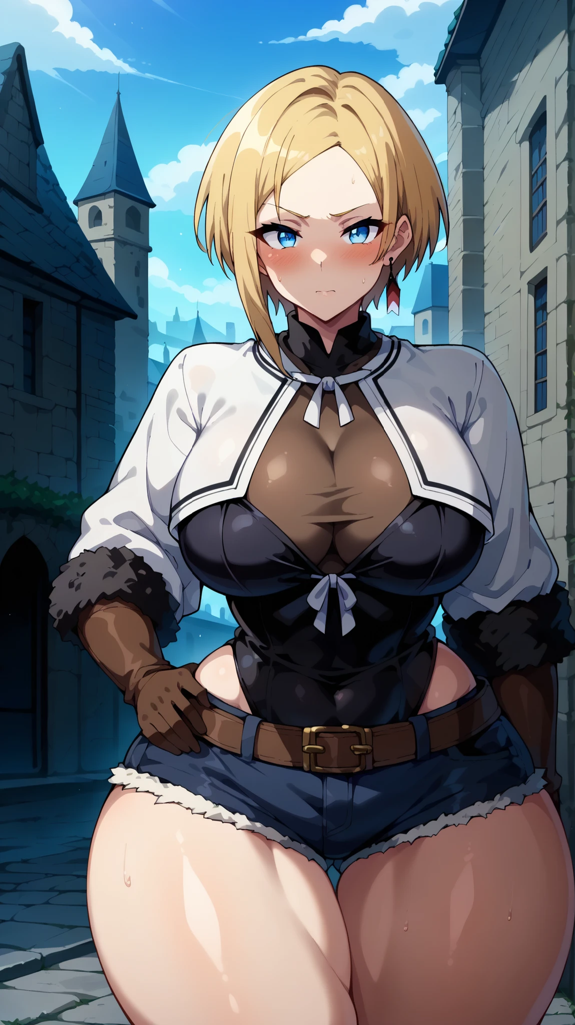Venus Body, a girl, alone, big breasts, hips, wide hips, thick thighs, high thighs, blunt, blushing,,,,,,,,,,,,,,,,, pale skin, blush, big breasts, curvy, groin, kinky face, big thighs, strong breasts, Venus Body, a girl, alone, big breasts, hips, wide hips, thick thighs, high thighs, blushing, big breasts, big thighs, marked line,,,,,,,,,,,,,,,masterpiece,best quality,amazing quality, 8k, ,,,,,,,,,,,,,,,,,,,,,,,,,, blushing, blonde hair, blue eyes, short hair, single earring, layered clothing, short jacket, white jacket, brown shirt, black leotard, fur-trimmed sleeves, brown gloves, belt, fur-trimmed shorts, standing, facing viewer, leaning forward, outdoors, medieval, city, stone, tree, painted background,...