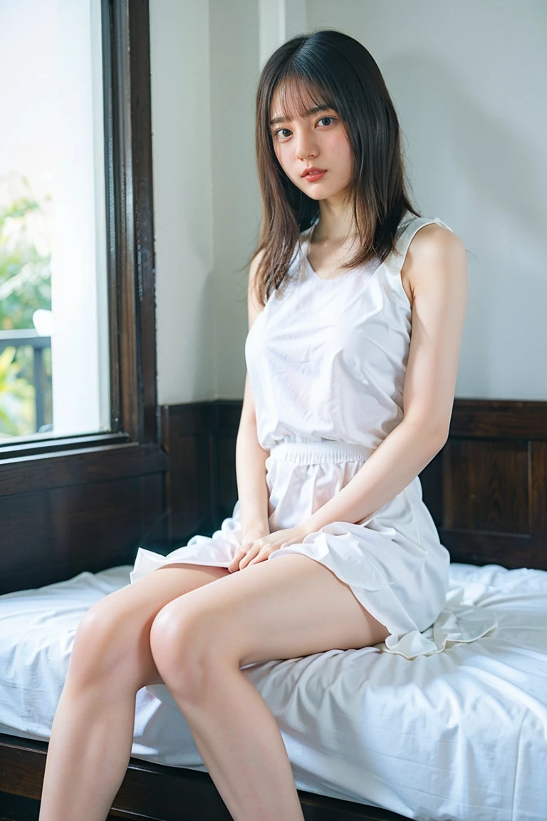 Polaroid, out of focus, Atmosphere of the 1980s, Full-body shot from the front in the distance, Semi-long black-haired Japanese girl wearing a plain white dress with narrow eyes and thin lips seiza on tatami floor and looking down, full body shot
Shooting from multiple angles, 4K,out of focus, Atmosphere of the 1980s, Small dirty Japanese-style room with low ceiling, ((Single rooms for men)), dim lighting, dirty old wall, Tatami floor stained with stains, old futon,  a floor littered with dirty clothes, Semi-long black-haired Japanese girl wearing a plain white dress with narrow eyes and thin lips seiza on tatami floor and looking down, full body shot