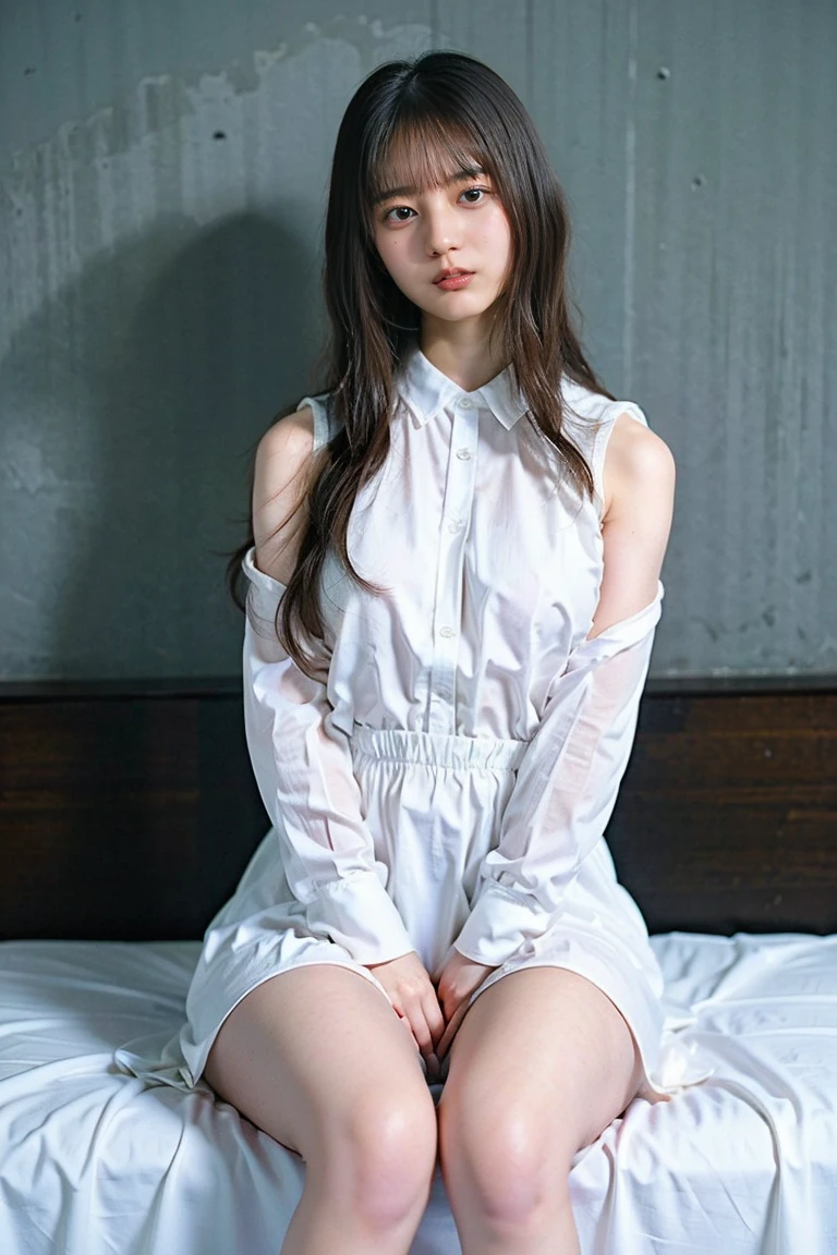 best quality, masterpiece, a shy nurse girl in a loose((nurse dress)), lace panties, armpit, sleeping((lying on the bed)), messy short hair, nose blush, white leg wear, black_thighhighs, spread legs, (solo), dynamic pose, legs apart, drunk, ((half-closed eyes)), mary_janes, ((unbuttoned clothes)), , slim legs, erotic, ((nsfw)),