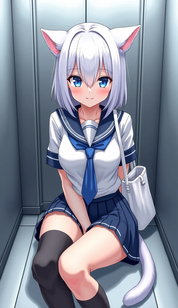 masterpiece, highest quality, Super detailed, indoors, animal ears,School ,Hello,gray hair,medium hair,blue eyes,blue scarf,white shirt,(blue jacket:1.1) , No expression,,open your mouth,dripping saliva,rub your crotch on the chair,