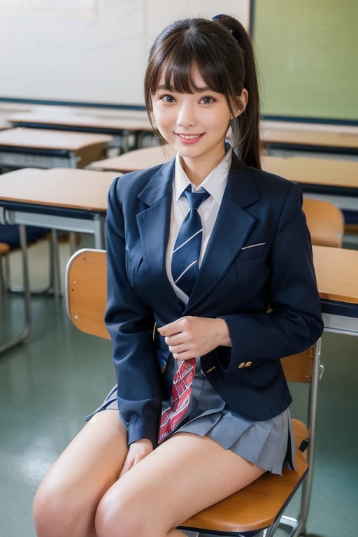 8k, highest quality, The true picture, Intricate details, Very detailed, Ultra-high resolution, Depth Field,(Realistic,Realistic:1.2), From the side, 1 Japanese girl, Very beautiful 17 year old girl, Big eyes, Beautiful breasts:1.5、Very detailedな目:1.2), (Beautiful breasts:1.1), (Small breasts:1.5), Wavy Hair、Curly Hair、bangs, Perfect Skin, Fair skin, Big Hips, Thick thighs, Thick legs, Cleavage, Tight waist, Slightly reddish, alone, Looking at the audience, (smile:1.1), ((School_uniform),(Dark Blue Blazer), (White shirt、Wear a tie), (Grey pleated skirt), (Sculptural installation :1.1), break, During class, in a high school classroom