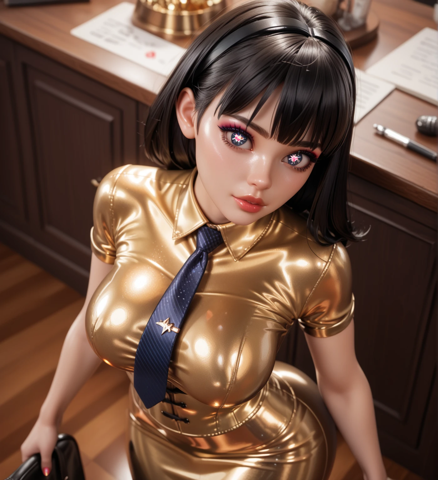 photorealistic, octane render, best quality, 1girl, skinny, petite, narrow waist, long hair, (quiff hair, brown hair:1.1), turquoise eyes, huge breasts, black dress, short skirt, black thighhighs, hair ornament, armband, choker, jewelry, standing, thighs, makeup, smile, looking at viewer, sharp focus, (8k), (4k), (Masterpiece), (Best Quality), realistic skin texture, extremely detailed, intricate, hyper detailed, illustration, soft lighting, high resolution, sharp detail, vivid, colorful, indoors, living room, flat screen television, detailed background, <lora:add_detail:0.6> <lora:YorBlackDress:0.85>