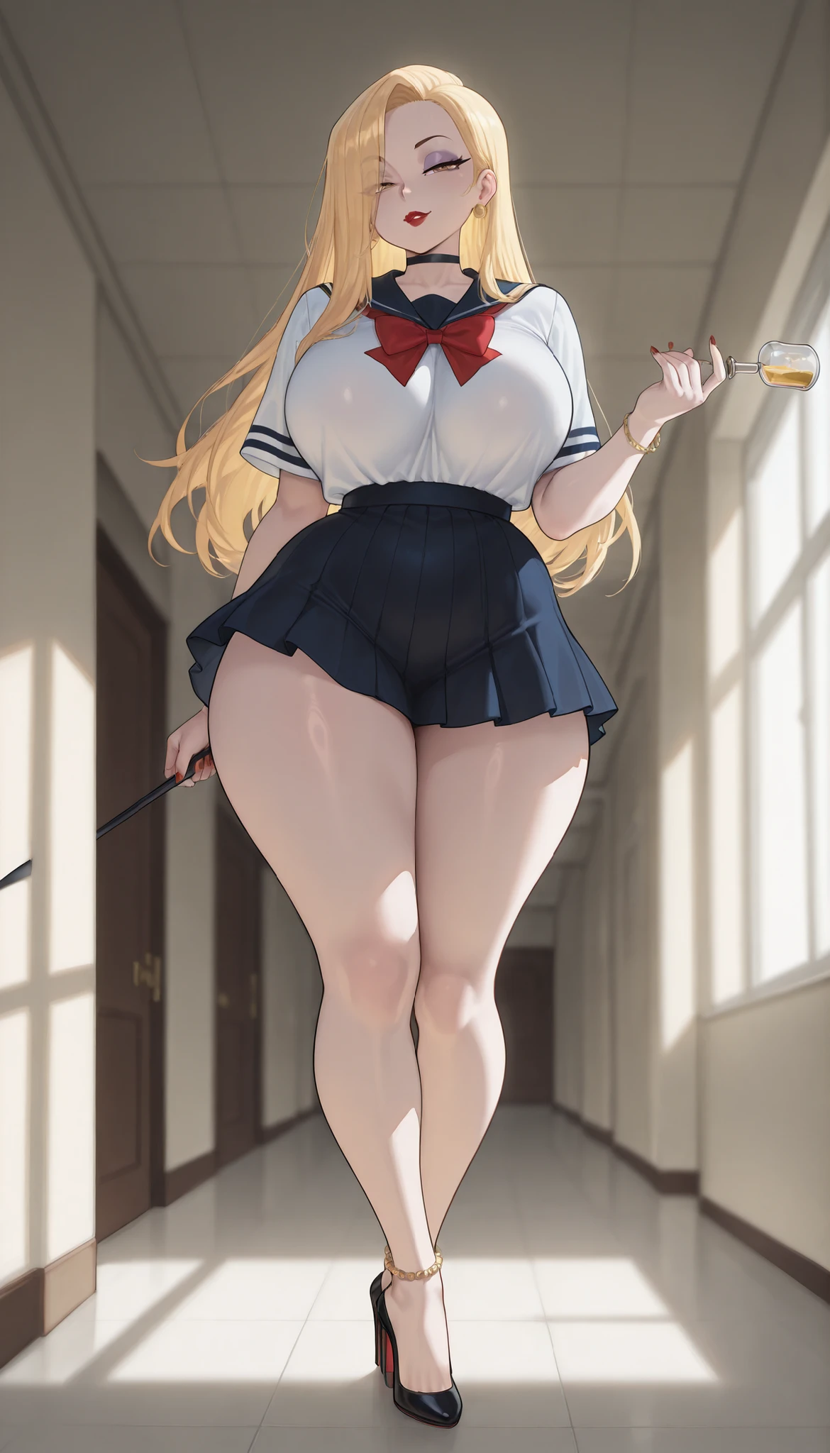 A sexy curvy beautiful woman with purple eyeshadow makeup, half-lidded golden eyes, long blonde hair, red nails, fat big plump bimbo red round glossy lips, an extremely small waist, a perfectly cinched hourglass figure, and extremely fair white glowy pale skin. She's only wearing a short revealing thin Japanese school skirt uniform dress, chokers, feet anklets, and high-heels. She's standing straight, arrogant seductive expression, holding a bat in one hand, and is In a school hallway. Show her full body and super hyper-detailed.