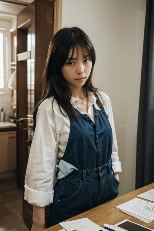1 woman，，Housewear，aprons，in living room，desks，sitting in the couch，sface focus，looks into camera