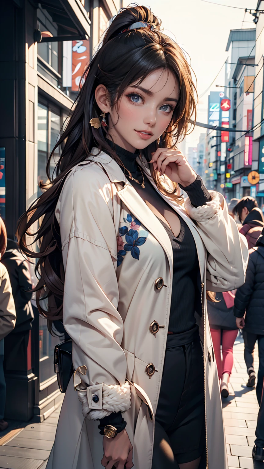 One person,Aqua Eye, bangs, black coat, chest, button, coat, Arms crossed,High resolution, large chest, Long Hair, View your viewers, 部分的にbuttonを外した, road, scarf, shirt, Short eyebrows, smile, alone, Are standing, street,Thick eyebrows, Upper Body, white shirt, From below