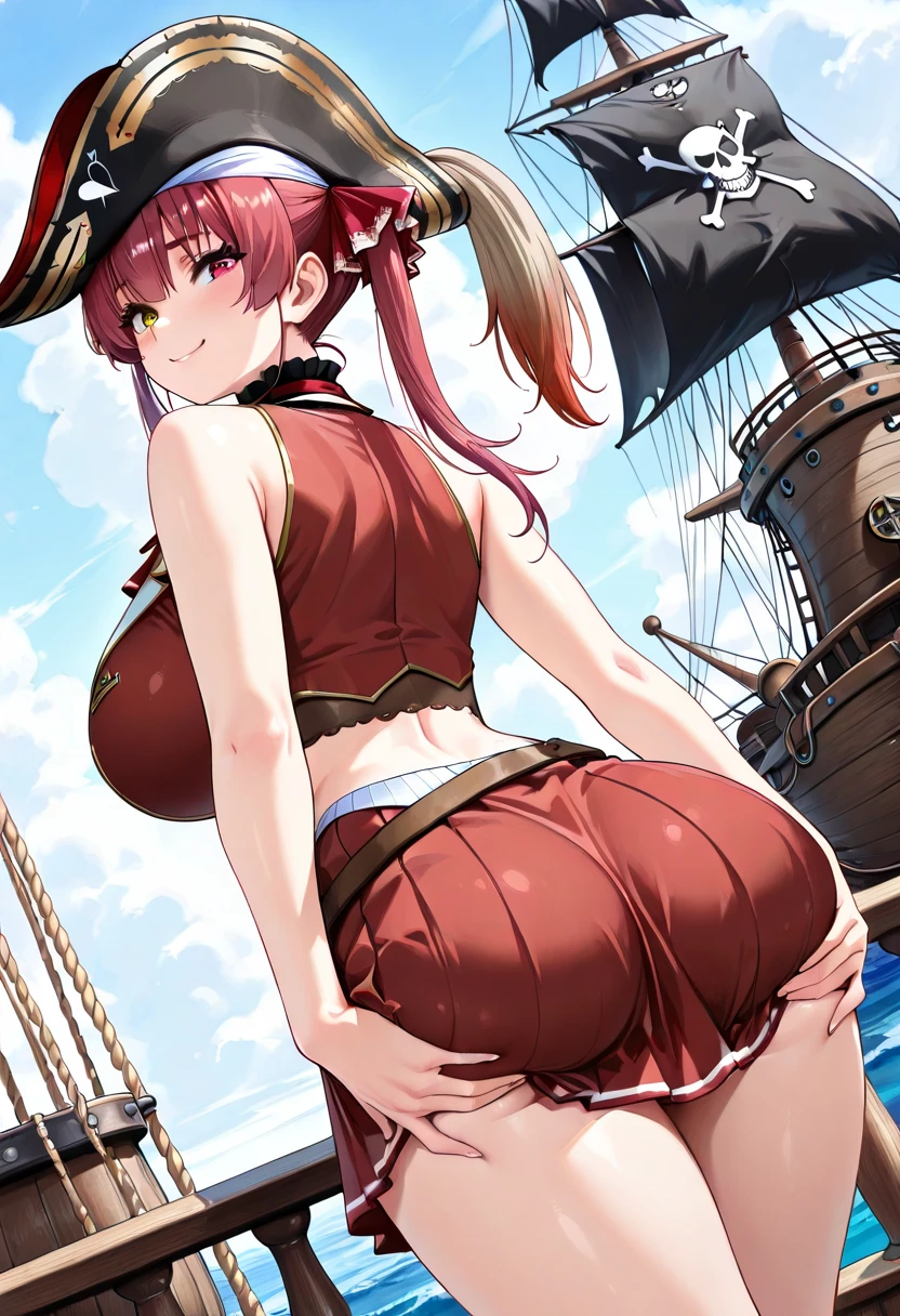 a woman wearing a tight white dress with black details, long stockings, feminine heels, wearing a black cape jacket, empty shoulders, big breasts, red hair, pigtails, white military hat with black details, orange eyes, in a high point from the city of Honolulu with views of the city and the sea,(woman solo ),HDR, ultra resolution, well defined, masterpiece, 8K HD
