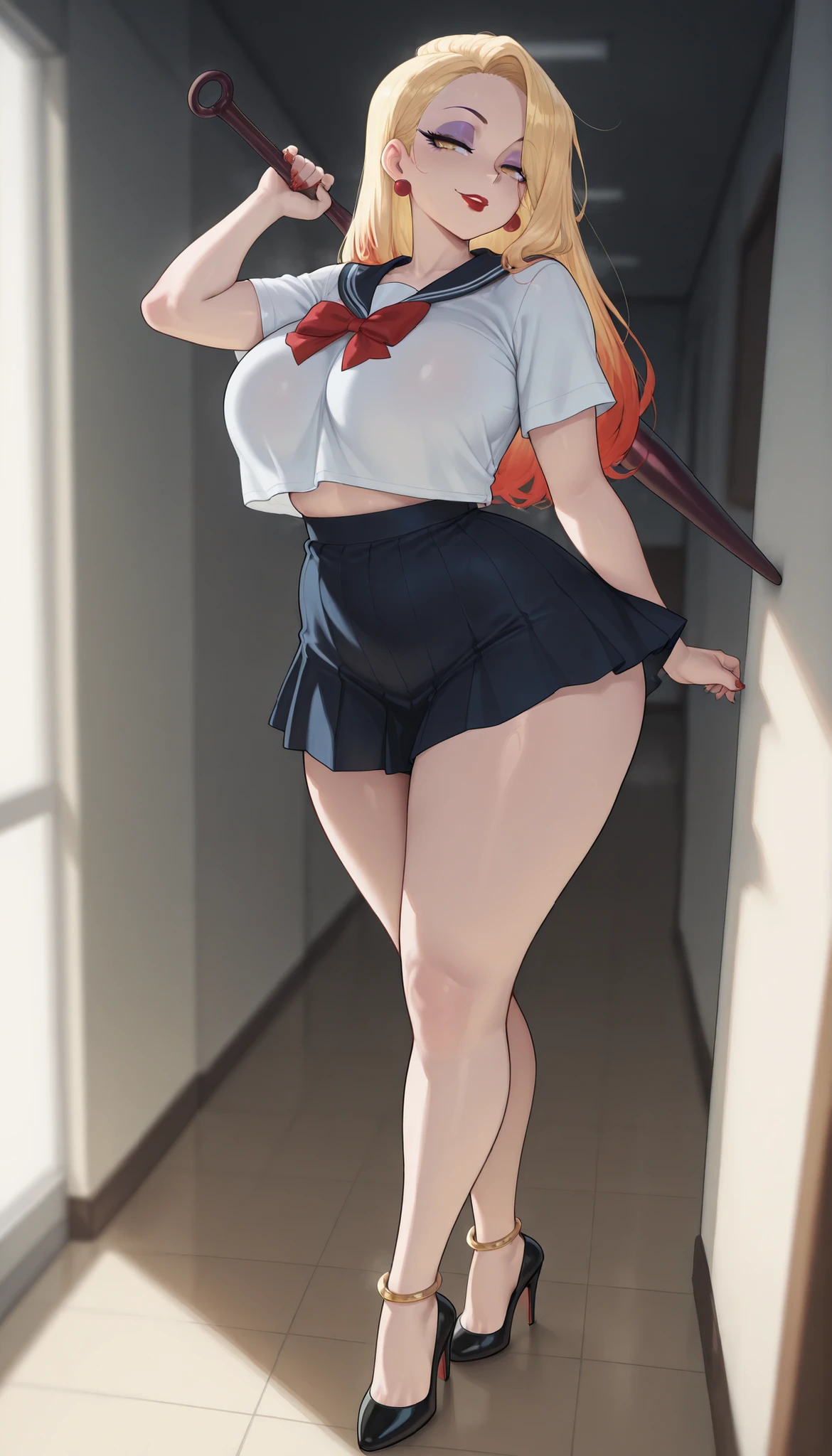 A sexy curvy beautiful woman with purple eyeshadow makeup, half-lidded golden eyes, long blonde hair, red nails, fat big plump bimbo red round glossy lips, an extremely small waist, a perfectly cinched hourglass figure, and extremely fair white glowy pale skin. She's only wearing a short revealing thin Japanese school skirt uniform dress, chokers, feet anklets, and high-heels. She's standing straight, arrogant seductive expression, holding a bat in one hand, and is In a school hallway. Show her full body and super hyper-detailed.