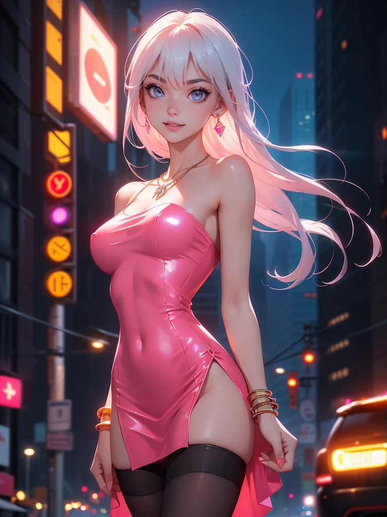 ((22-year-old beauty)), ((embarrassed smile)), ((luscious long hair)), ((Gradient eyes)), ((Background is an empty street at night with neon signs)), ((sexy clothes)), NFFSW, UHD, Retina, Masterpiece, Accurate, Anatomical, Scientifically Correct, Textured Skin, Super Detail, High Detail, High Quality, Award Winning, Top Quality, High Resolution, 1080P, HD, 4K, 8k , 16k