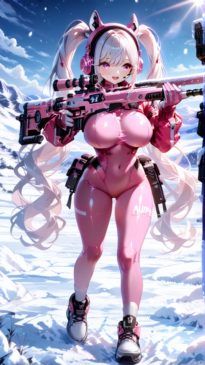 a ultra high quality fully detailed master piece 32k fully body attractive young woman with long brown wavy hair, light skin, pink eyes, a serious face, huge breasts, pink warm spy attire, long snow boots, curvaceous hourglass figure, long legs, thick thighs. This woman wears snow gear. She holds up a pistol in her right hand. Background is a snowy forest in Germany.