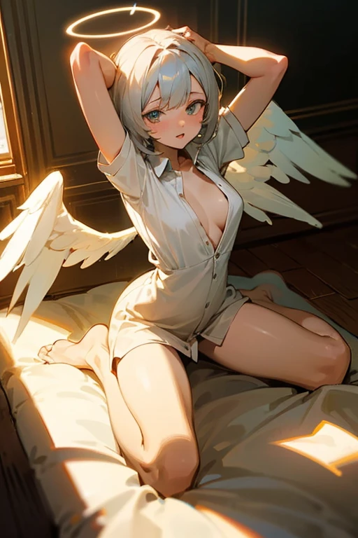 masterpiece, highest quality, Very detailed, 16k, Ultra-high resolution, Cowboy Shot, , Detailed face, Perfect Fingers, Angel halo on head, Golden Eyes, blonde, short hair, Thin and light clothing, Angel wings growing on your back, Thin camisole, White lace panties, Above the Clouds, temple, bed, Lying on your back