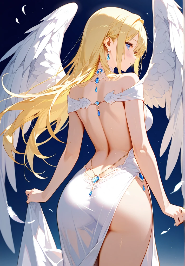 Score_9, score_8_up, 4k, 8k, detailed face, source_anime, smug angel girl with small breasts, pretty girl, skimpy outfit, ass, pert ass, thick thighs, blonde hair, long hair, (butakoma 300g), angel wings, white outfit, white babydoll,