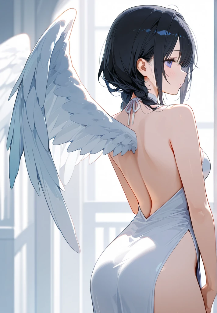 An illustration androgynous person Angel Wings Her skin is white and her lips are pale pink The eyes are light blue and clear. Clothing that doesn't reveal much skin Her hair is silver with some blue mesh Do not look forward when looking from the side