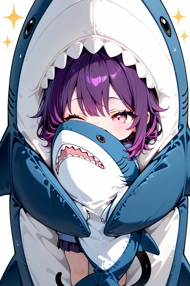 masterpiece, best quality, absurdres, simple background, white background, depresso, blue body, purple hair, black tail, pink eyes, solo, one eye closed, ikea shark, hugging ikea shark, chibi, standing, sparkle