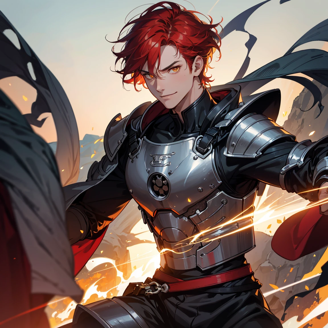 masterpiece, best quality, ((((1boy)))), (colorful),),cinematic lighting,extremely detailed 8k wallpaper, sky, cloudy_sky, building, moonlight, moon, night, (dark theme:1.3), light, fantasy, (((Only one character))), 1 boy, (((red hair))), (((red eyes))), Final Fantasy XIV, Armor (((muscular))) ((close up shot)) ((best face)) ((Male))