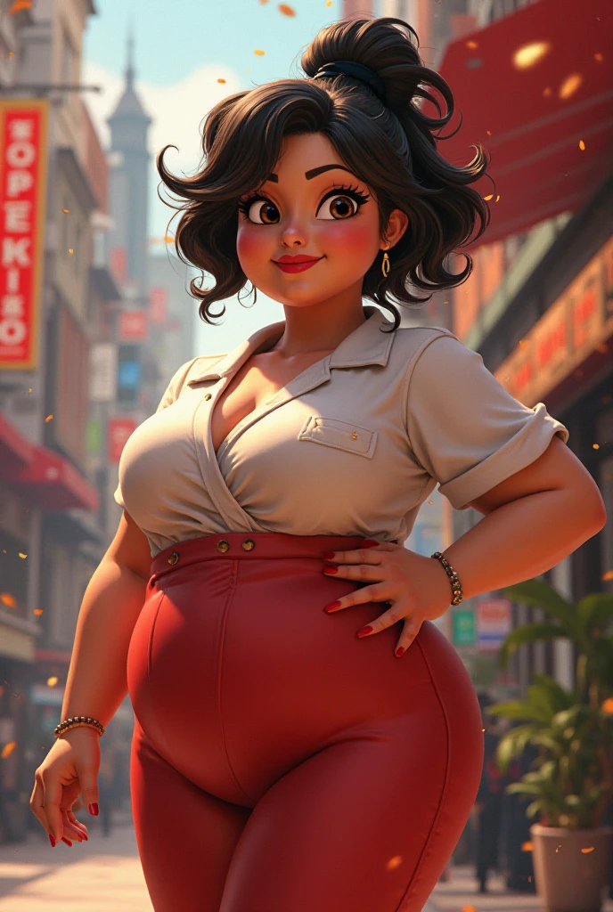 ((Masterpiece)), ((Best Quality)), (4K quality), CARTOON, ANIME, CARTOON ARTSTYLE, (half-body-shot (front shot):1.3),(Detailed face:1.2), (Detailed eyes:1.2),(pudgy figure:1.2) ultra-detailed, 1girl, alone, Latina, 42-years-old, milf, mature female, (dark-skinned female:1.5), long brown hair, amber colored eyes, mascara, eyeshadow, red lipstick, (Wearing: red tank-top, black leggings, golden earrings, golden bracelets, sneakers:1.2), looking at viewer, smile, sexy, beautiful mature face, Oversize, Overweight, thick lips, , medium breasts, fat rolls, belly rolls, muffin top, big deep navel, tight out, love handles, wide hips, wide waist, wide load butt, thick thighs, hands on hips, in the streets of Tampa.