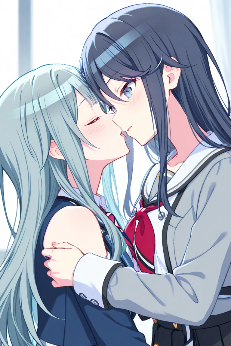 anime - style image of two young women with grey-blue hair, artwork in the style of guweiz, loish and ross tran, guweiz, loish and wlop, anime style illustration, two beautiful anime girls, inspired by Yanjun Cheng, loish art style, anime style portrait, digital anime illustration, soft anime illustration, anime art style, one girl with two tails gently holds another girl's face in her hands, hugs gently, one yandere girl licks another girl's cheek with her tongue, yandere girl, tongue sticking out, passionate look, blush, one girl kisses another girl