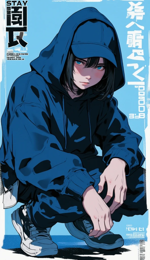 1male, midnight blue hair, black eyes, dark hoodie with skull designs, cargo pants, standing in an abandoned amusement park, masterpiece, 8k, eerie atmosphere, standing on path