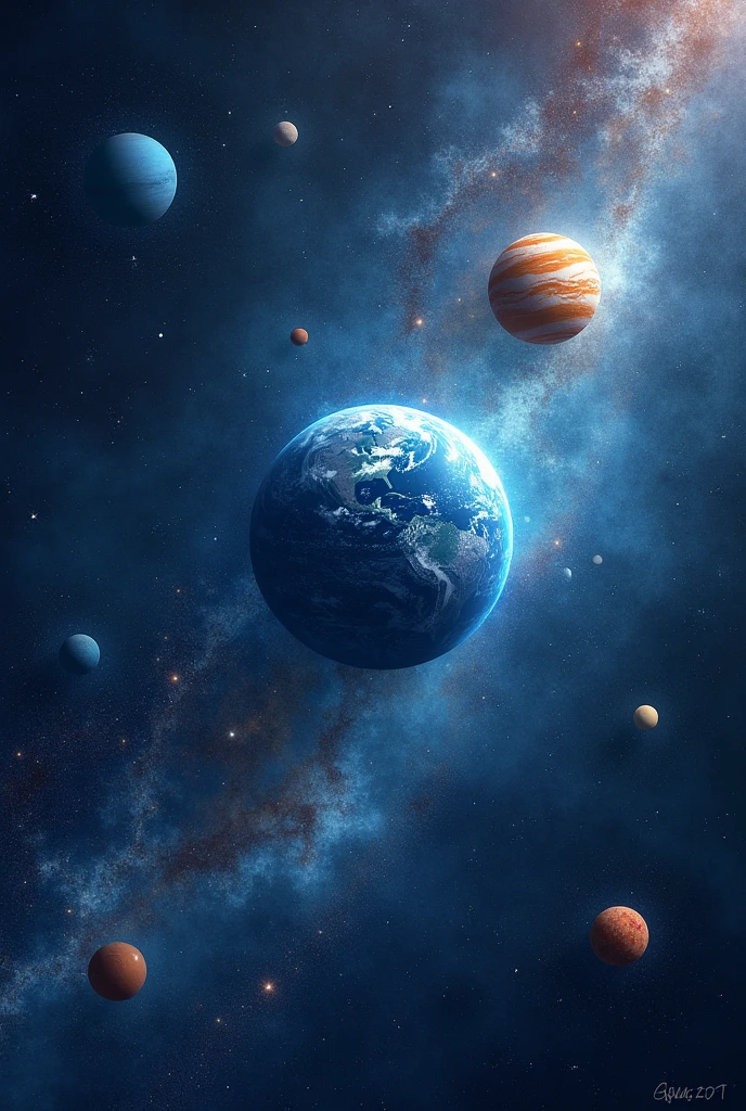 A stunning outer space scene featuring multiple planets of varying sizes, aligned in a vertical formation. The background is filled with a dense cluster of stars, with the Milky Way galaxy prominently visible. Soft blue and purple hues dominate the scene, creating a tranquil and majestic atmosphere. The planets are illuminated gently by distant starlight, highlighting their textures and giving a sense of depth to the vastness of space