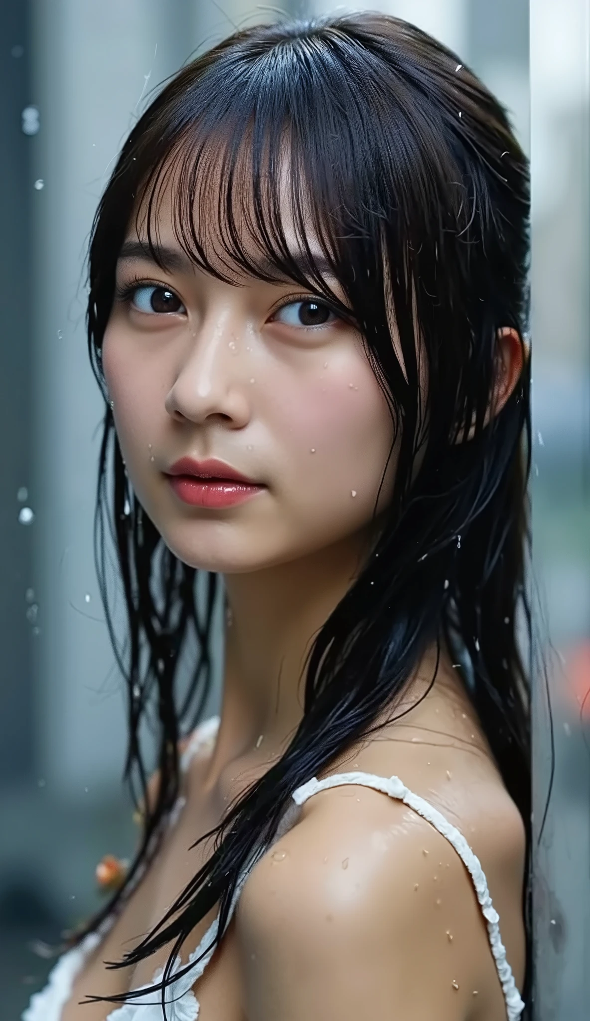 High resolution photograph of a young Japanese woman, masterpiece, amazing quality, intricate details, professional lighting, solo, 1girl, full body, (small head, small face:1.3), (slender, slim and thin body, narrow waist, long legs:1.2), standing tall with spread legs, seductive posing for gravure photography, (water droplets create a wet water effect, wet all over), (thin-strap top, covered nipples), pleated mini-skirt, open-toe-sandals, straight long black hair with bangs, disheveled wet hair, detailed face, detailed eyes, sophisticated nose, sensual face, looking at the viewer with seductive eyes and lips, (view from front), outdoors, heavy rain, lit by lumps at dusk,