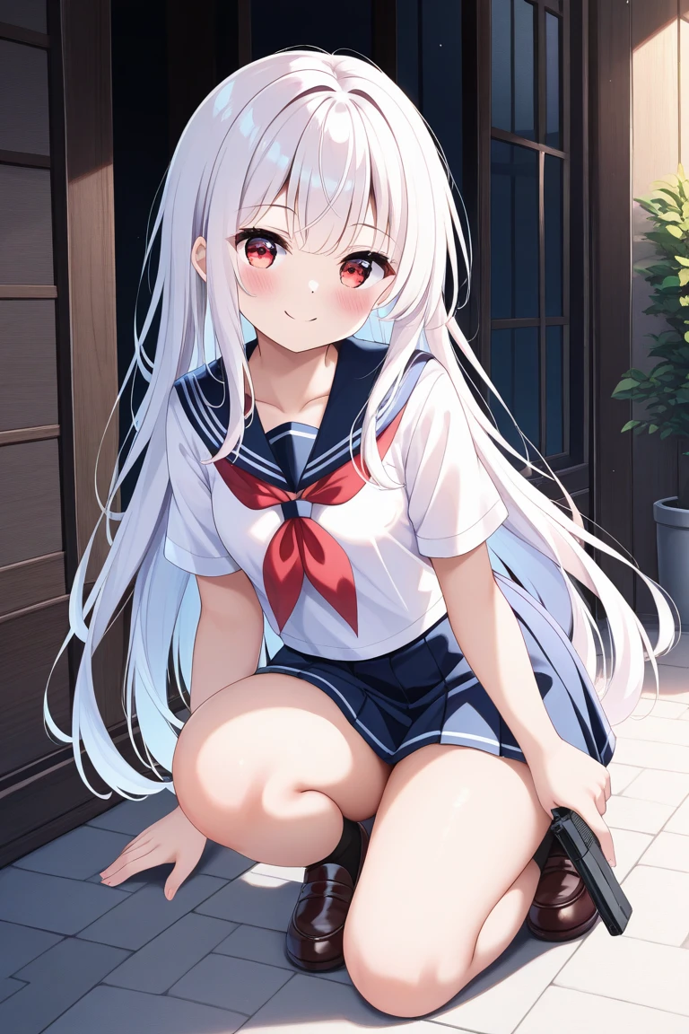 1 girl、laughter、shirt、skirt、(small breasts)、i play、Japanese high 、serafuku、summer clothes、Squall drenched uniform、(Sheerbra)、upper body portrait、gray hair、squatting bench、
