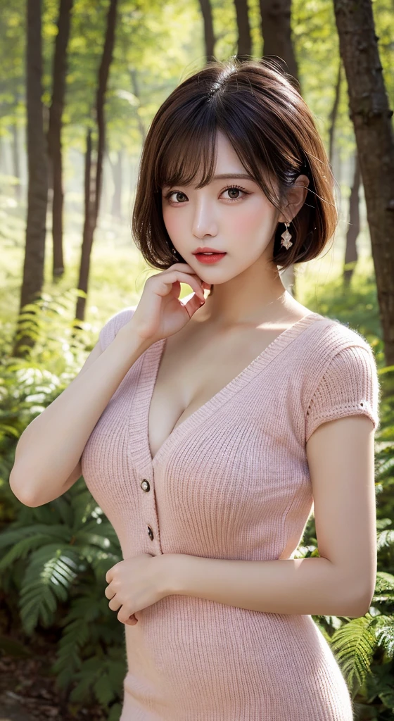 ((Highest quality, 8K, masterpiece :1.3)), (Sharp focus :1.2, Beautiful woman with perfect figure :1.4, Slim Abs :1.2), ((Big Breasts, Emphasize cleavage:1.3)), (Photorealistic:1.4), (realistic:1.4), (Short Bob Hair, Light brown hair:1.5), Highly detailed face and skin texture, Fine grain, double eyelid. Makeup face, A little bit of lipstick, necklace, Earrings, sex appeal, Sexy gravure pose, (Beautiful woman wearing a pink casual dress、Sitting on the swing in the garden、Pushing out her chest and smiling sexily。:1.3)