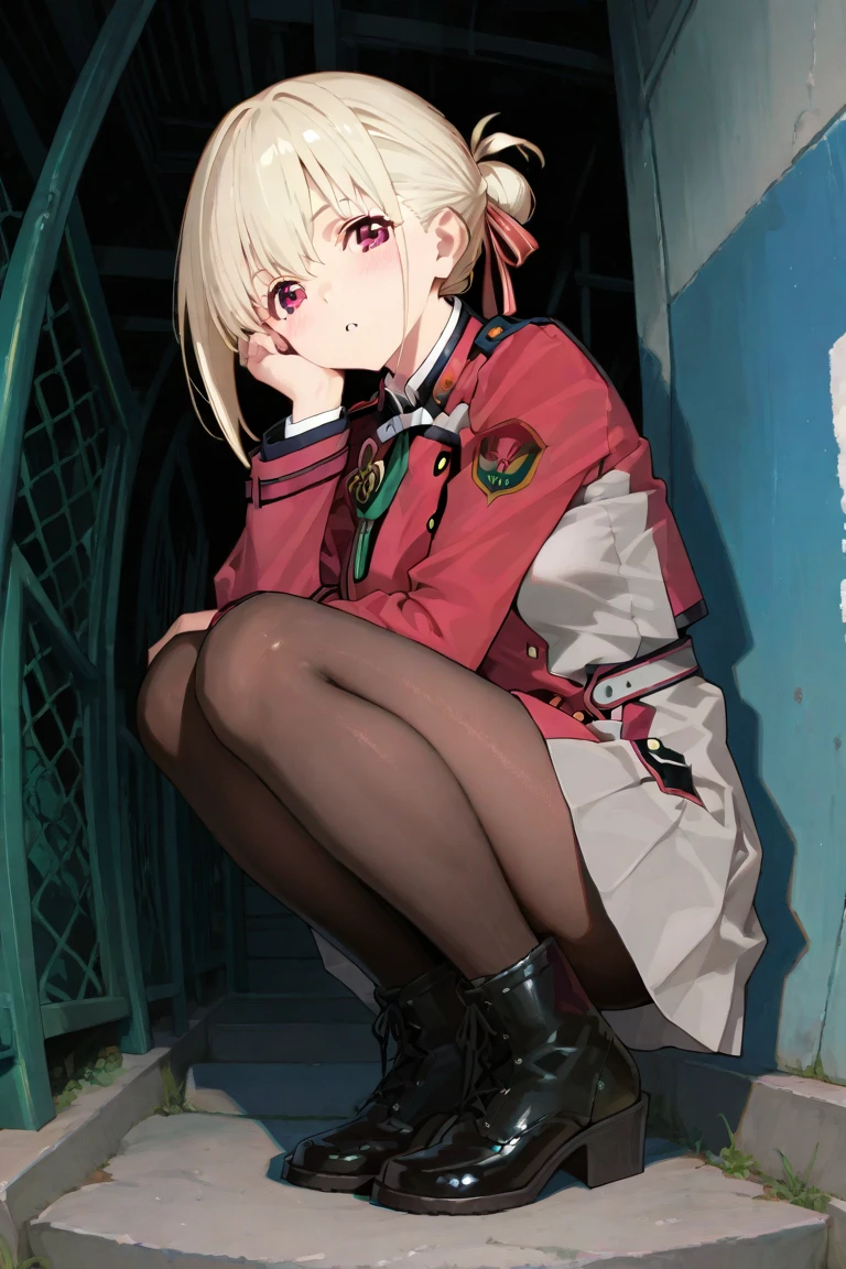 , Chisato Nishikigi, long, bangs, Blonde, (Red eyes:1.5), Baseball cap,Oversized red hoodie,mini skirt,Black knee socks,short boots,sitting leaning against the wall,rain,cloudy,Hide under the roof,whole bodyがイラストに入るように,
break outdoors, alley,
break looking at viewer, whole body,
break (masterpiece:1.2), Highest quality, High resolution, unity 8k wallpaper, (shape:0.8), (Beautiful attention to detail:1.6), extレムely detailed face, Perfect lighting, extレムely detailed CG, (Perfect hands, Perfect Anatomy),