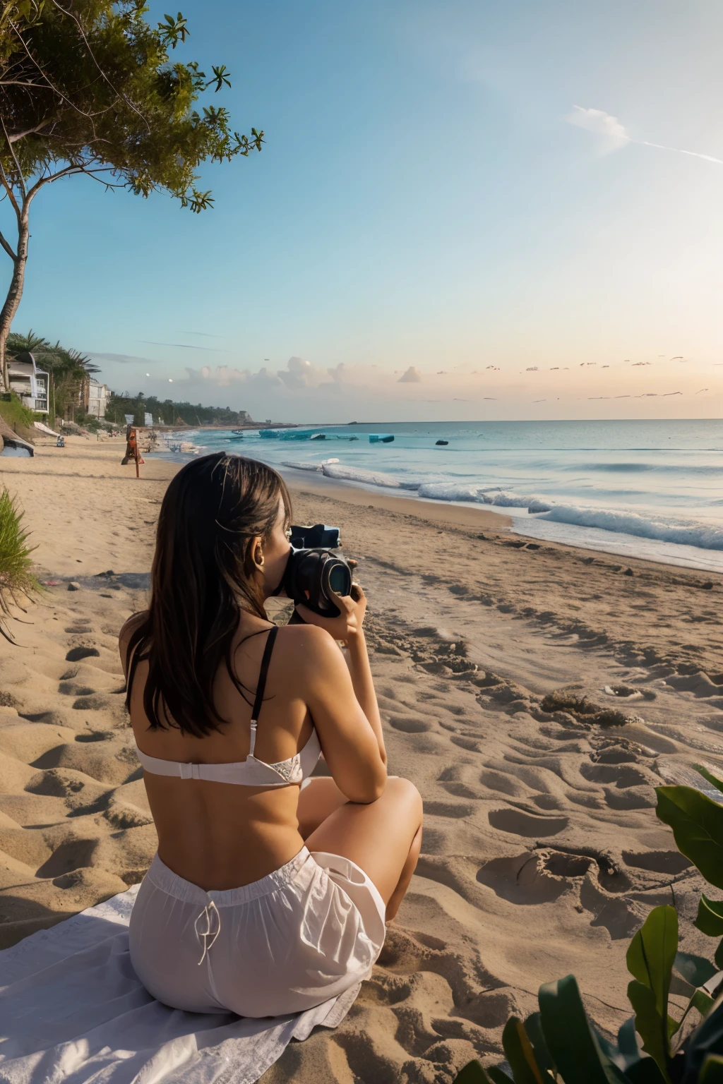 A sunny day at the beach with golden sands stretching out towards the sparkling blue ocean. In the foreground, we see the legs and feet of a woman standing on the sand, capturing the scenic view with her camera. The background features some of the most popular beaches near New York City, such as Rockaway Beach in Queens and Jones Beach on Long Island, with beachgoers enjoying the waves and the sun
