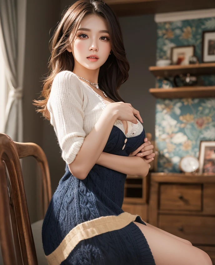 High-quality work,Realistic works,Super premium graphics,8K HD CG works,high quality graphics,High-definition and exquisite CG works,10x pixels,Ultra-fine details:1.1,Advanced technical details:1.1Realistic photo effects,Interior lighting effects:1.5,natural soft light:1.5. Light effect(Virtual light effects:1.8),ultra high resolution,shining dress white long hair,silber hair,transparenthair,high detailed hair(Quality hair details:1.1)Clear eyes,Double eyelids look good,Sharp eye makeup, Create exquisite eyelash makeup, tthin eyebrows, Ultra-detailed eyes,a tall nose, lovely red lips, rosey cheeks, With delicate makeup on her face , pretty face, The face shape is perfectly proportioned,(Advanced facial details:1.1)Portraiture、Alice in Wonderland、blue sky、Bright and beautiful face、Young and shiny white glossy skin、Best Looks、The most beautiful light blonde hair in the world、Light brown hair、 (Medium Short: 1.3),((Light brown hair:1.8、Curly Hair:1.3))、Shining, clear, big blue eyes、Very beautiful and lovely 16 year old girl, the most beautiful in the world、Ample breasts、22 year old high school girl、(Lace panties:1.2)、(High School Uniform:1.1)、(Checked mini skirt:1.1)、(Light blue school sweater:1.1)、Apply light makeup、Classroom Chairs,/*High-quality writing*/ highest quality, 80k, Tabletop, Highly detailed face,(Orgasm Facial), Highly detailed lips, Beautiful Eyes, Realistic student,Very thin legs,Perfect plump breasts ,Perfect big ass,Perfect clean skin、blush、,Highly detailed hair,1:3, 《Full Body Shot:1.2》,⦅Spread your legs wide:1.13⦆,《A perfect depiction of a beautiful woman:1.1》,⦅ Beautiful well-shaped breasts:1.3⦆,⦅ Taut chest:1.3 ⦆,⦅Mouth half open:1.3⦆,,,Women's artwork,Dress full body video,Realism,Amazing Cleavage,My eyes are very bright today