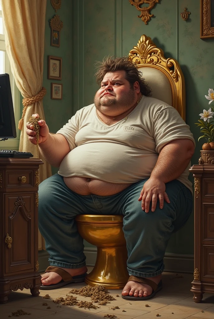 god on his ruling throne, low swim trunks with bulge in the middle, chubby, hairy, bearded, anchor beard, high resolution, ultra-detailed, sharp focus, intricate details, detailed eyes, symmetrical eyes, expressive eyes, clear pupils, vibrant eyes, focused gaze, legs wide open ,left hand is holding the belly, king's expression is intimidating with a sense of authority