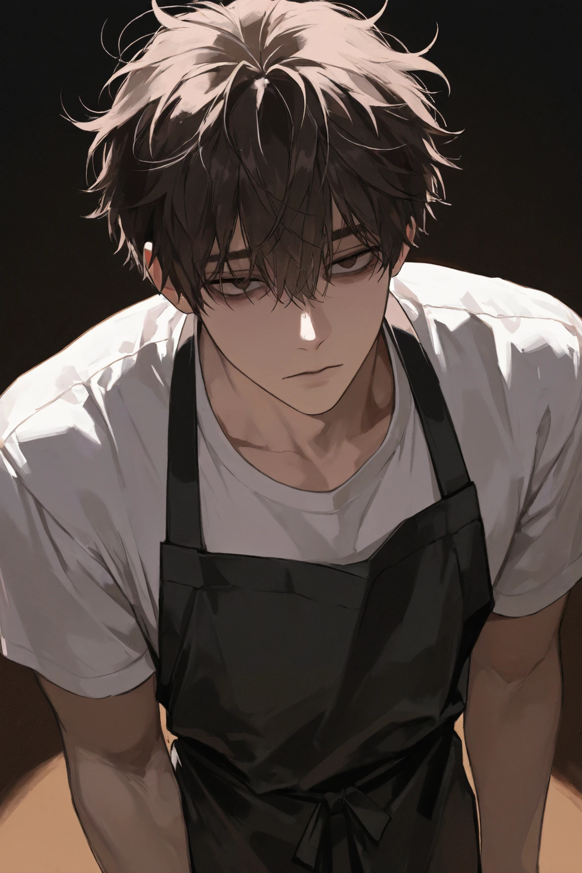 male, gloomy mood, right brown hair, brown eye, high quality, top quality, masterpiece, handsome, short hair, seductive, solo, male, in the shadows, muscle, messy hair, white a black t-shirt,  expressionless, a blank look, The background of the house. Apron, High angle